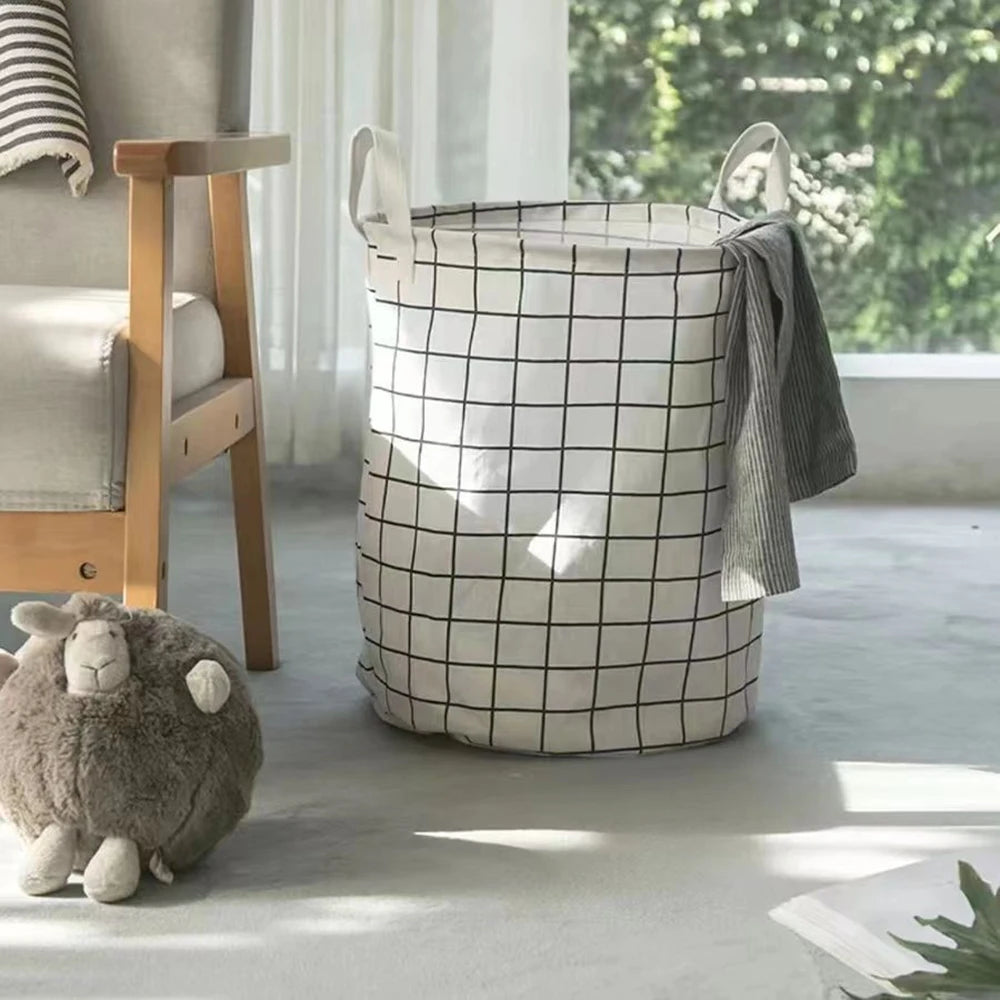 Large Foldable Waterproof Dirty Clothes Basket Household Toy Storage Bucket Plaid Fabric Cotton Linen Household Organizer Peaceful Pleasures Health and Wellness