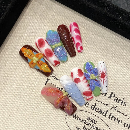 3D Press-On Nails Long Ballet Coffin | Handmade Floral Fake Nails Press-On Nail Set Peaceful Pleasures Health and Wellness L