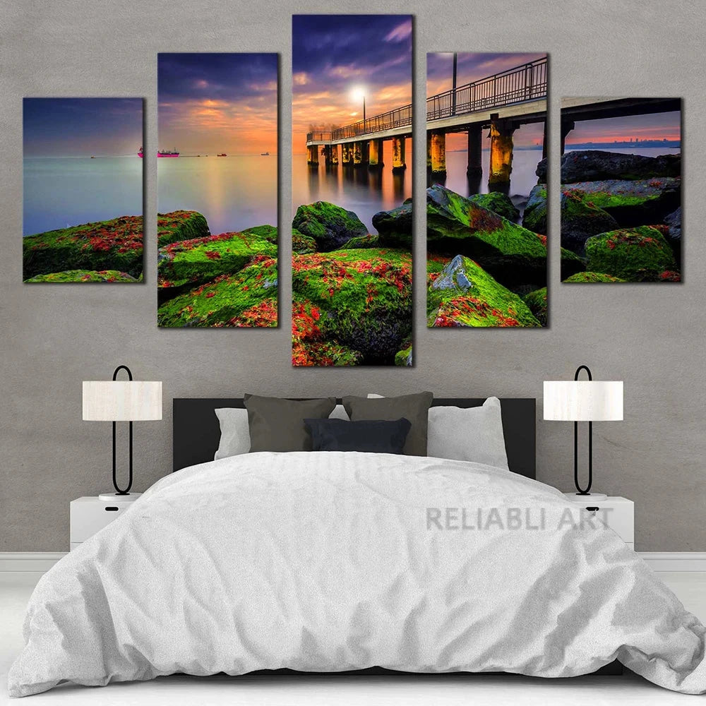 5pcs Cleopatra Ocean Canvas Painting Wall Art Orange Sky Ocean Beach Multi Turkey Sand Beach Sunrise Wall Decor No Frame Peaceful Pleasures Health and Wellness 5pcs 14 20x35-20x45-20x55cm