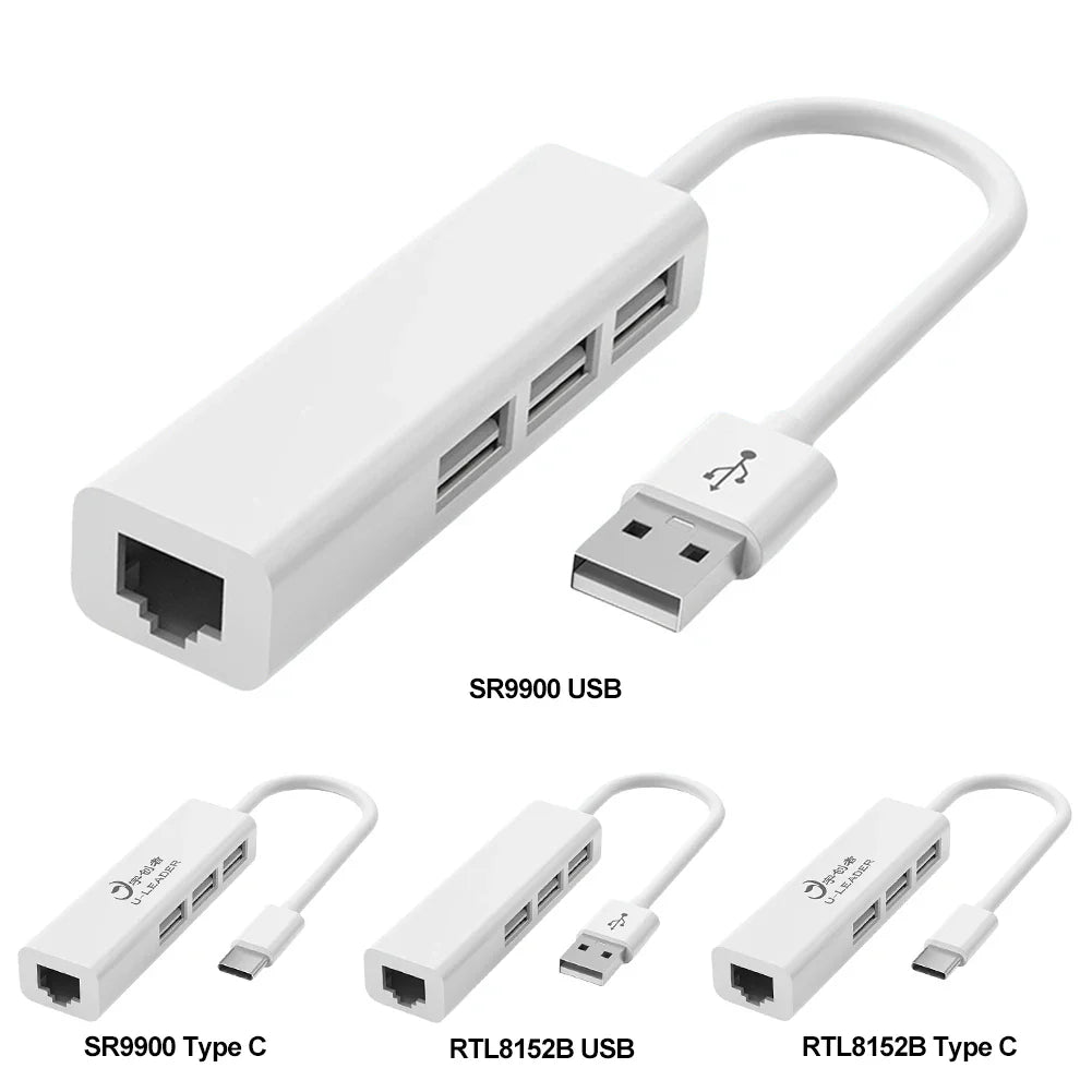 4-in-1 USB-C to RJ45 Ethernet Adapter + 3-Port USB 2.0 Hub