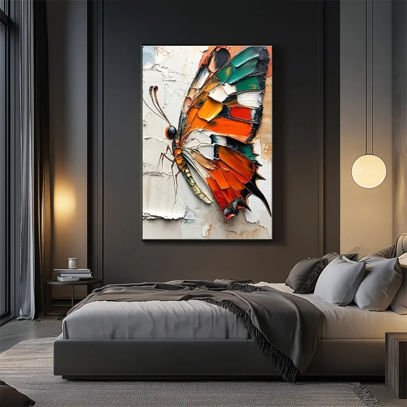 Big Butterfly Texture, White, Orange, Red, Black and Green, Suitable for Living Room, Dining Room, Bedroom Wall Decor, Frameless Peaceful Pleasures Health and Wellness