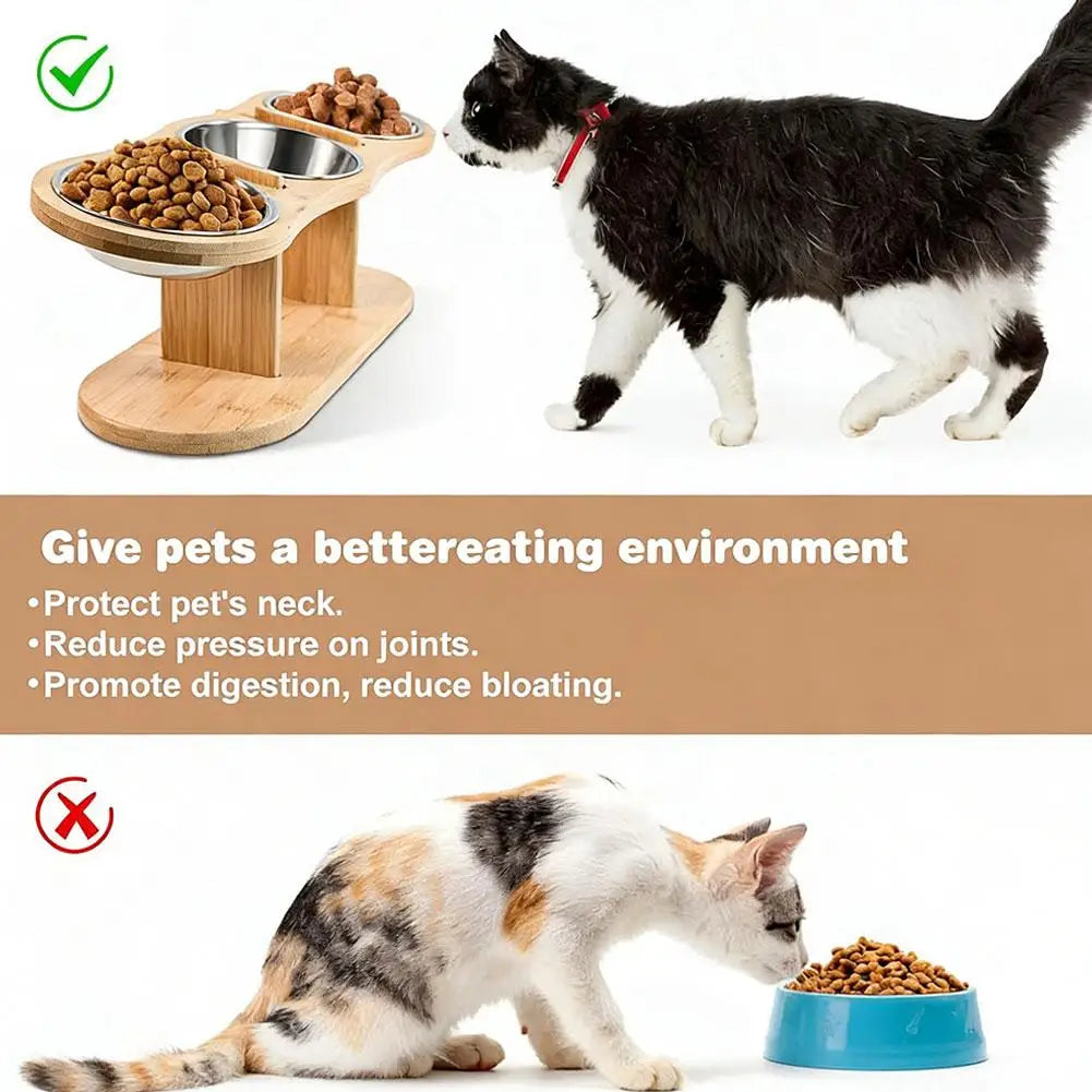 Elevated Wood Pet Feeder with 3 Stainless Steel Bowls | Cat & Dog