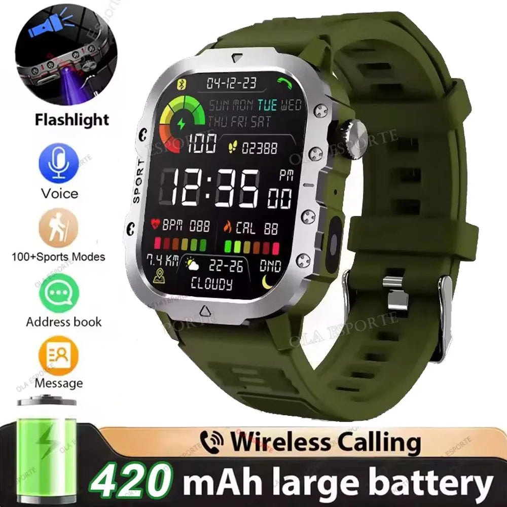 2026 Outdoors Durable Men Sports Smart Watch 1400mAh Battery LED Flashlight Waterproof Bluetooth Call Military Smartwatchs HW12 Peaceful Pleasures Health and Wellness 2.01 Green Smartwatch