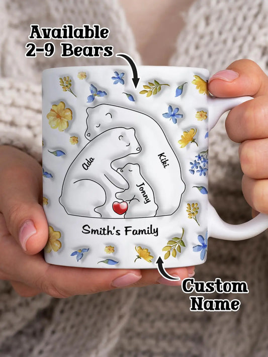 Custom Bear Family Name Mug 11oz Personalized Names Coffee Cup 3D Inflated Effect Gift for Mom Dad Couple Wedding Peaceful Pleasures Health and Wellness