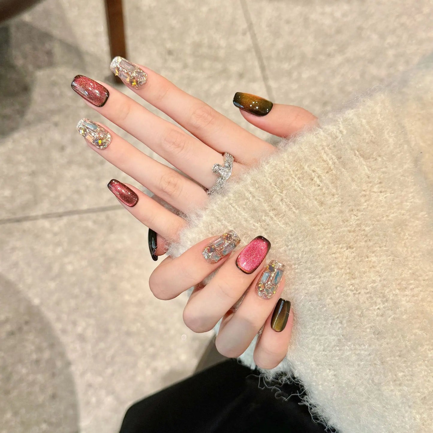 Handmade Press on Nails Glitter Raspberry Wine Red French Cat Eye Fake Nails Wearable Full Cover Sweet Korean Short False Nails Peaceful Pleasures Health and Wellness S 1