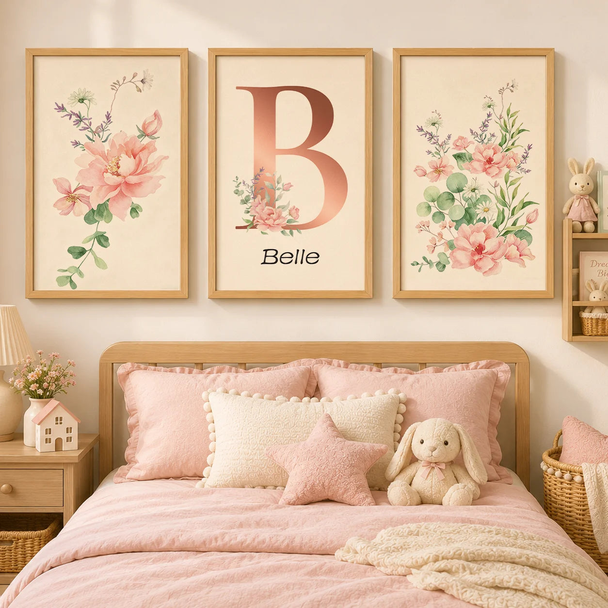 Custom Name Nursery Wall Art,pink Aesthetic wildflowers Canvas Painting, Nordic Poster Print for Baby, Toddler Kids Room Decor Peaceful Pleasures Health and Wellness