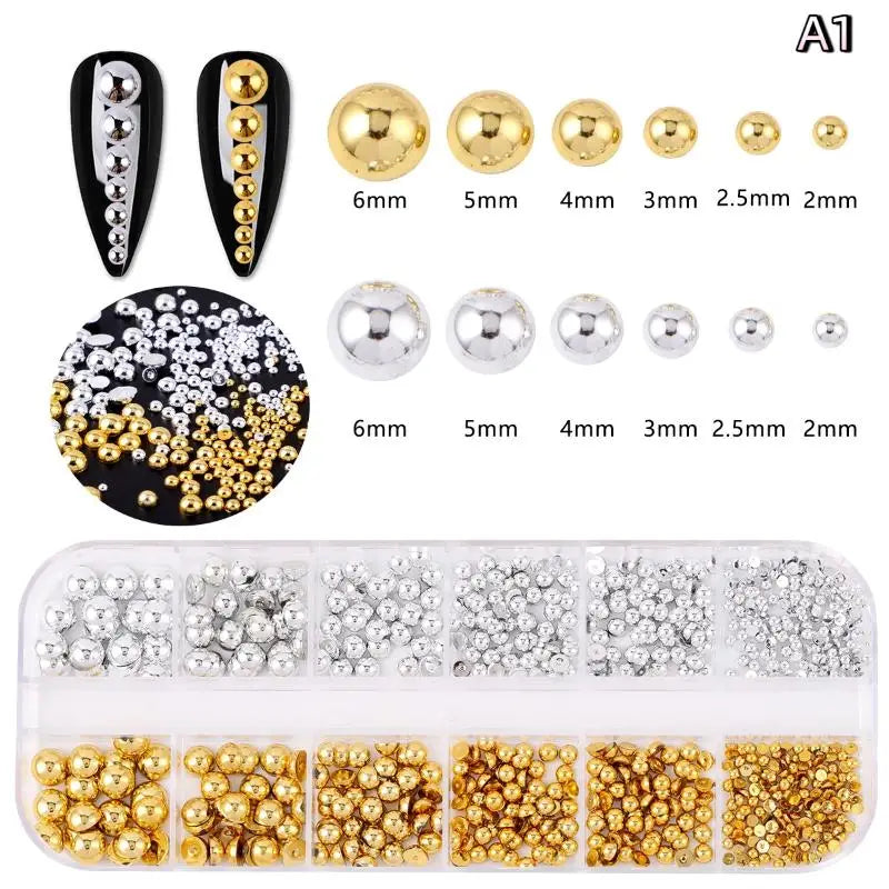 12-Grid Pearl Nail Charms Set – Gold & Silver Semi-Circular