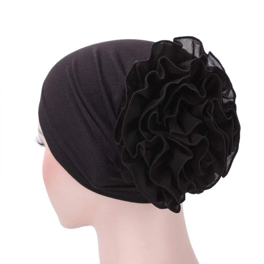 Muslim Women's Chiffon Large Flower Headwrap Scarf Hat Lightweight Breathable Cotton Blend Hijab Peaceful Pleasures Health and Wellness ADJUSTABLE BLACK