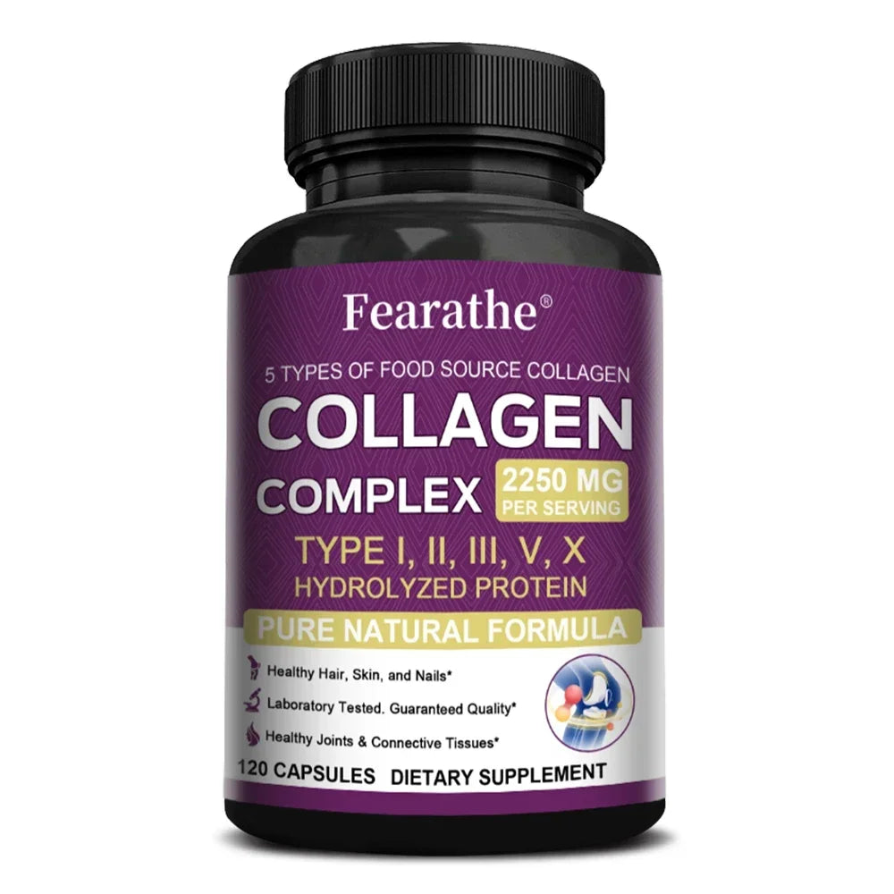 Multi-Collagen Capsules for Men and Women - Hydrolyzed Type I II III V X for Skin, Hair, Nails, Bones, Joints, Nutrition Peaceful Pleasures Health and Wellness 120 count-1 bottle