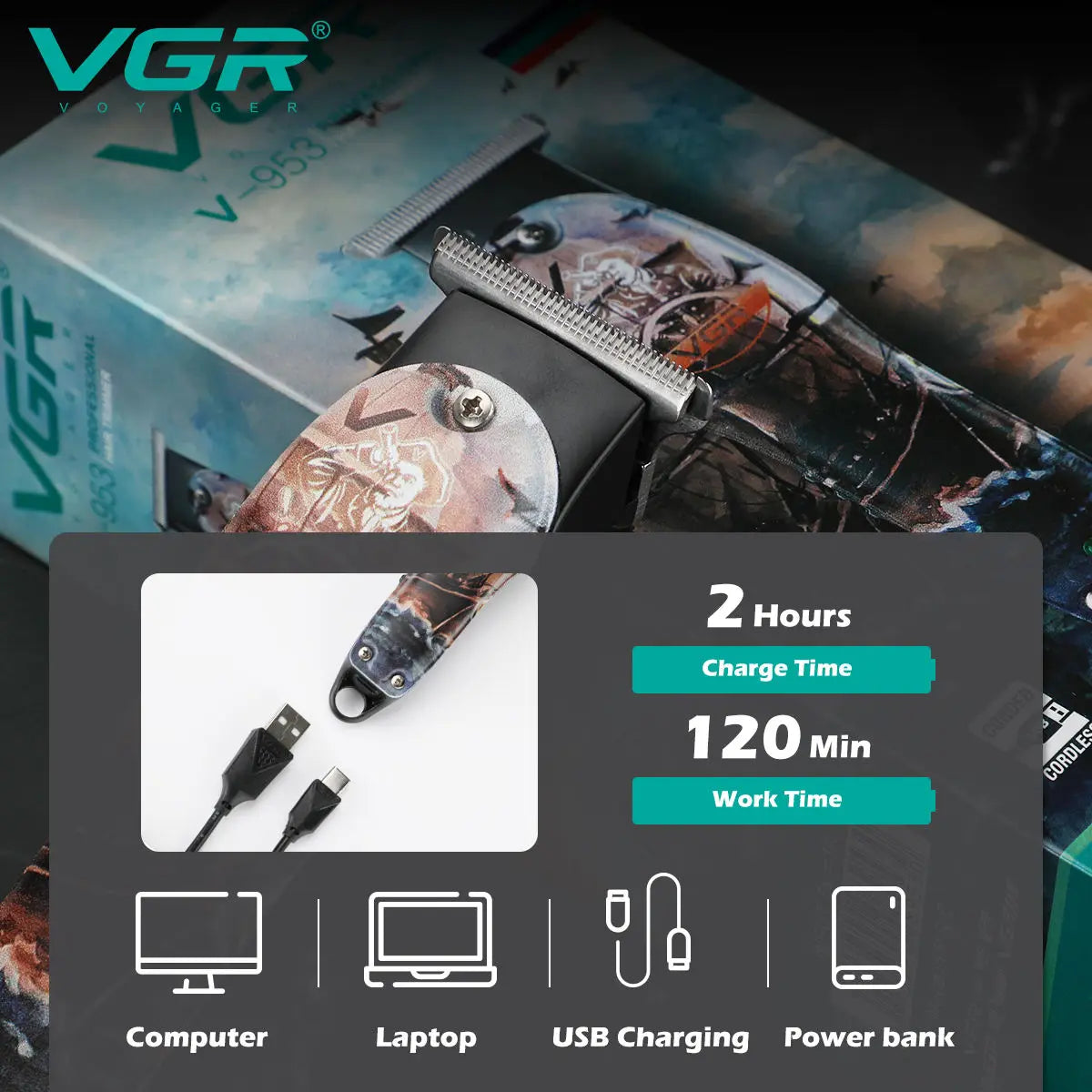 VGR V-953 Low Noise Beard Trimmer and Hair trimmer Professional Hair trimmer Charging wireless Personality Graffiti trimmer Peaceful Pleasures Health and Wellness