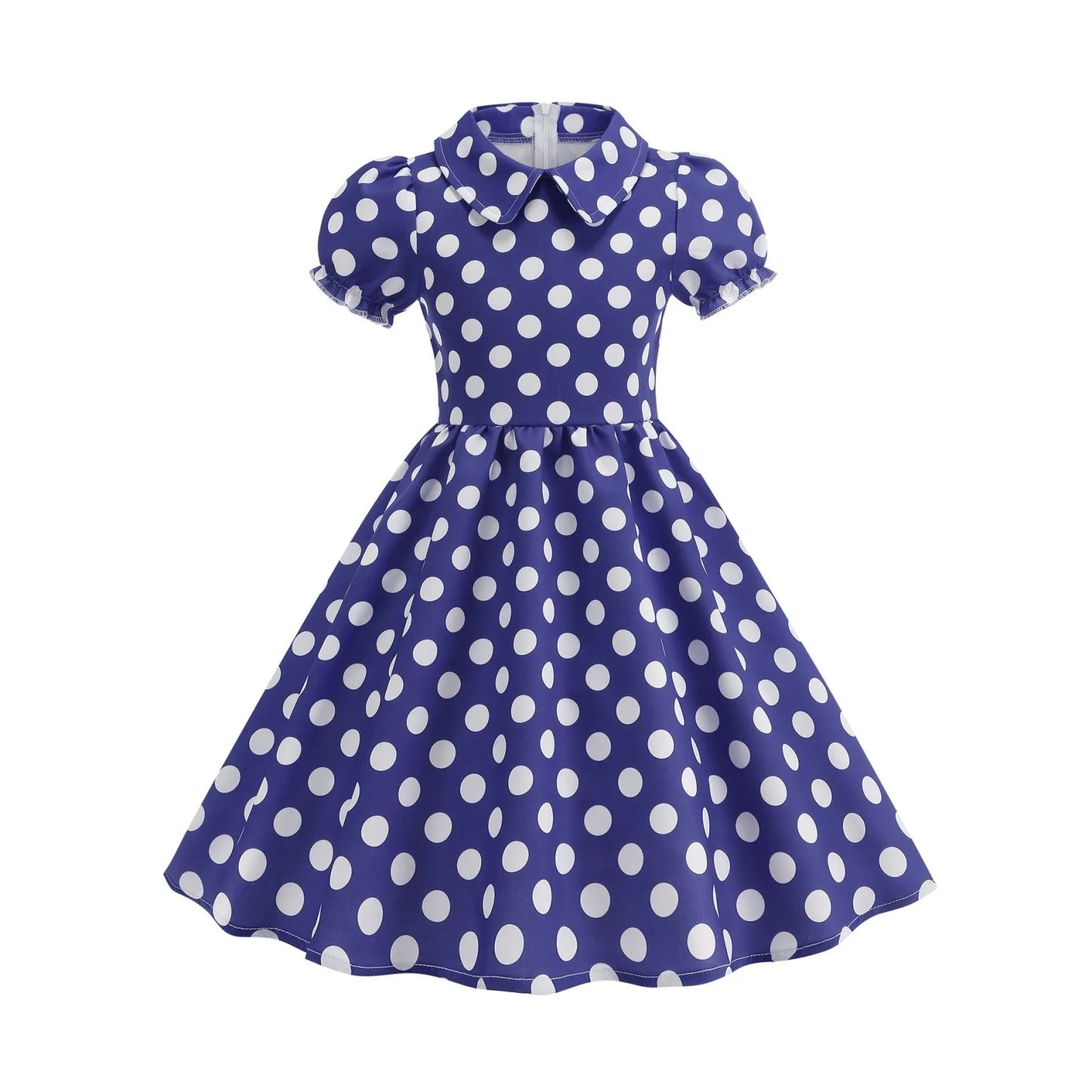 2025 Children Little Girl Vintage Summer Short Dress Turn Down Collar Polka Dot Print Cotton Princess Cocktail Dresses 1950s 60s Peaceful Pleasures Health and Wellness Light Blue 150