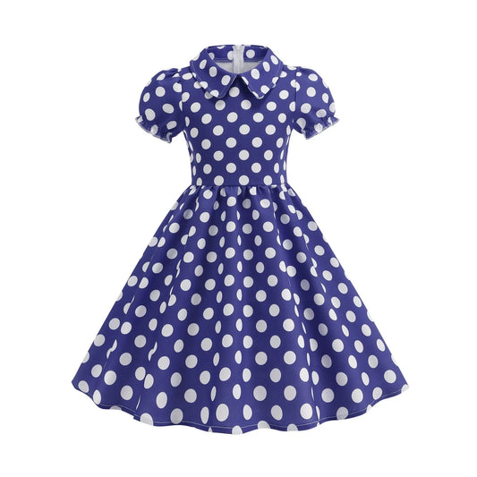 2025 Children Little Girl Vintage Summer Short Dress Turn Down Collar Polka Dot Print Cotton Princess Cocktail Dresses 1950s 60s Peaceful Pleasures Health and Wellness Light Blue 150