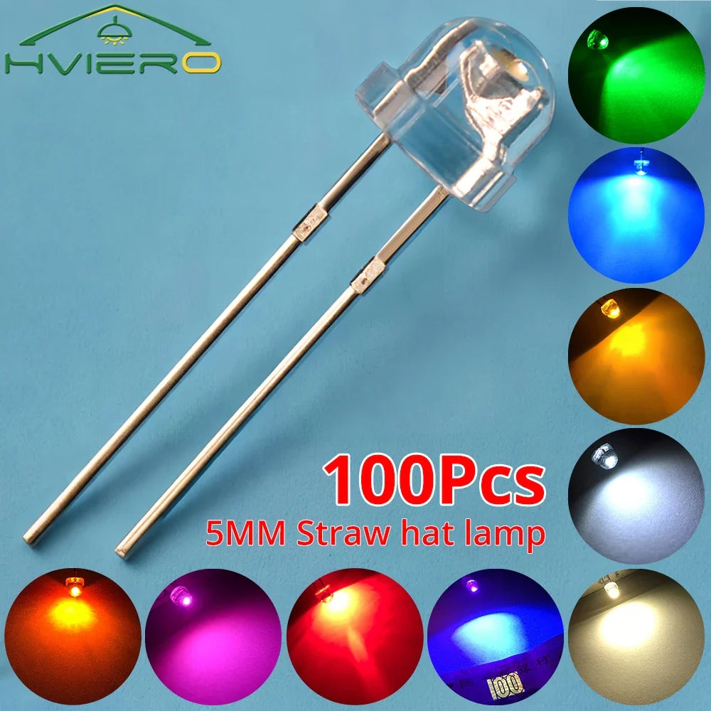 100Pcs 5mm Straw Hat LED Diodes – Wide Angle DIY Light Beads
