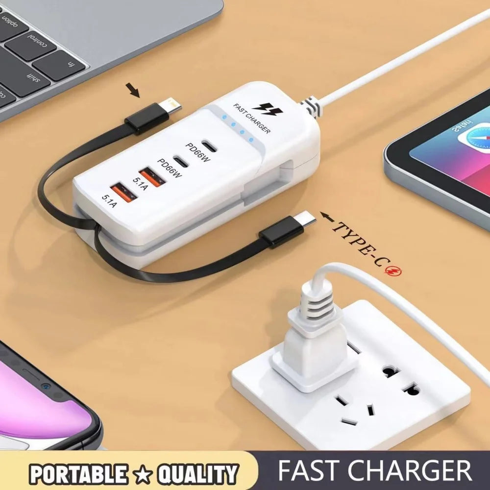 66W USB-C Fast Charger Station PD QC3.0 | 4-Port Wall Charger