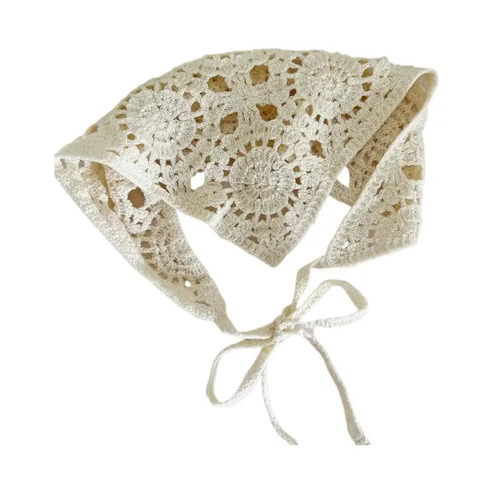 French Hollow Triangle Headband Towel For Women Beige Crochet Headbands Bandana Summer Travel Literary Photo Hair Scarf Bands Peaceful Pleasures Health and Wellness Beige
