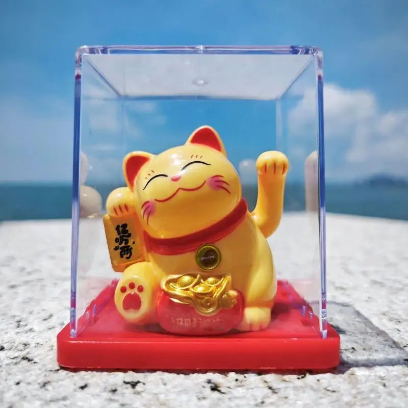 Solar Waving Lucky Cat Ornament | Mini 2" Desk Fortune Décor