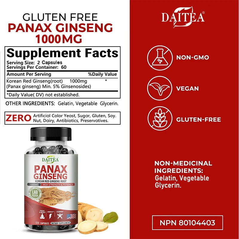 Panax Ginseng Capsules – Natural Energy Boost, Focus, Memory & Immune Support, Fatigue and Stress Relief,Maintain Overall Health Peaceful Pleasures Health and Wellness