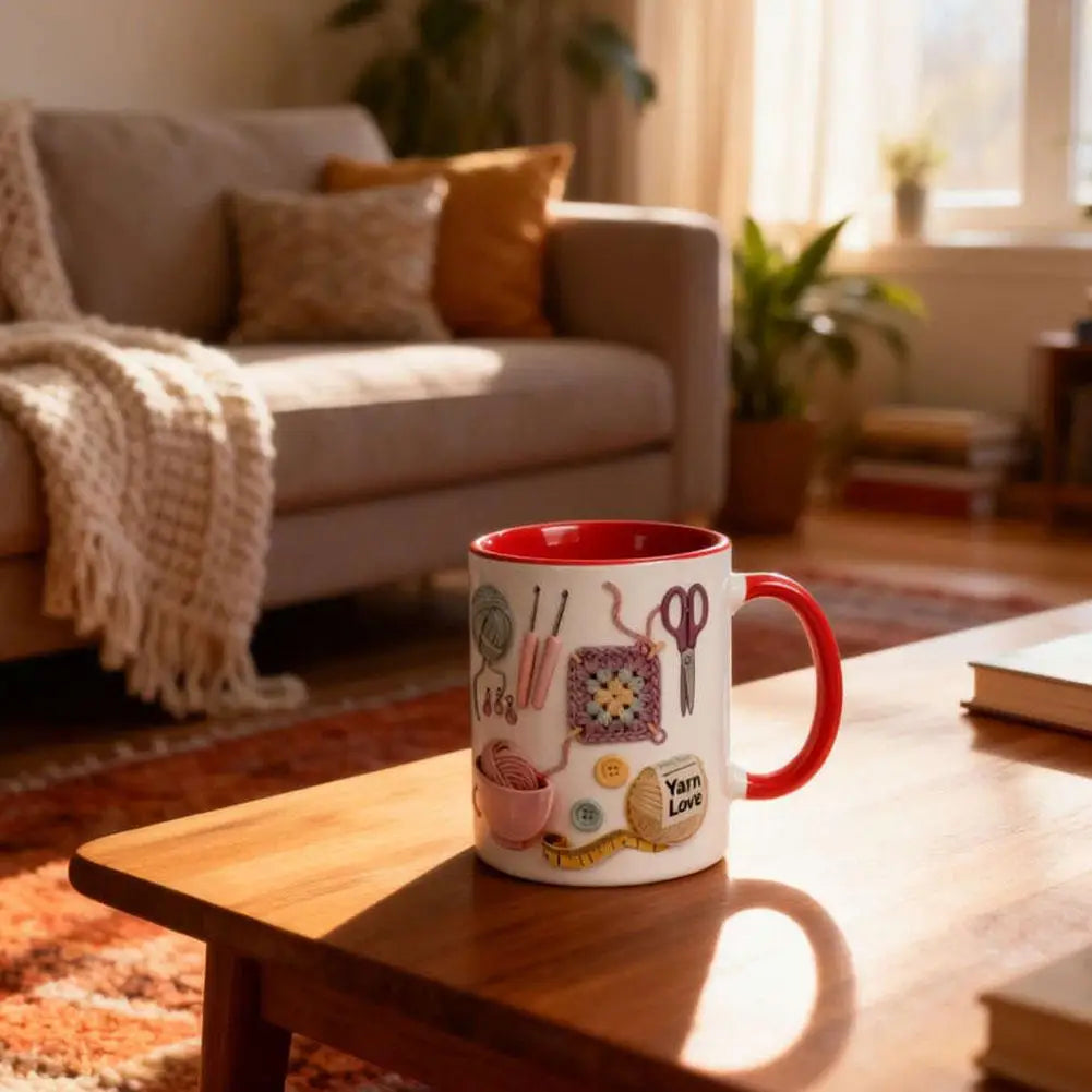 Knitting Tools Pattern Design Ceramic Mug Exquisite Creative Mug Home Office 2D Flat Print High Quality Handcrafted Art Mug Gift Peaceful Pleasures Health and Wellness