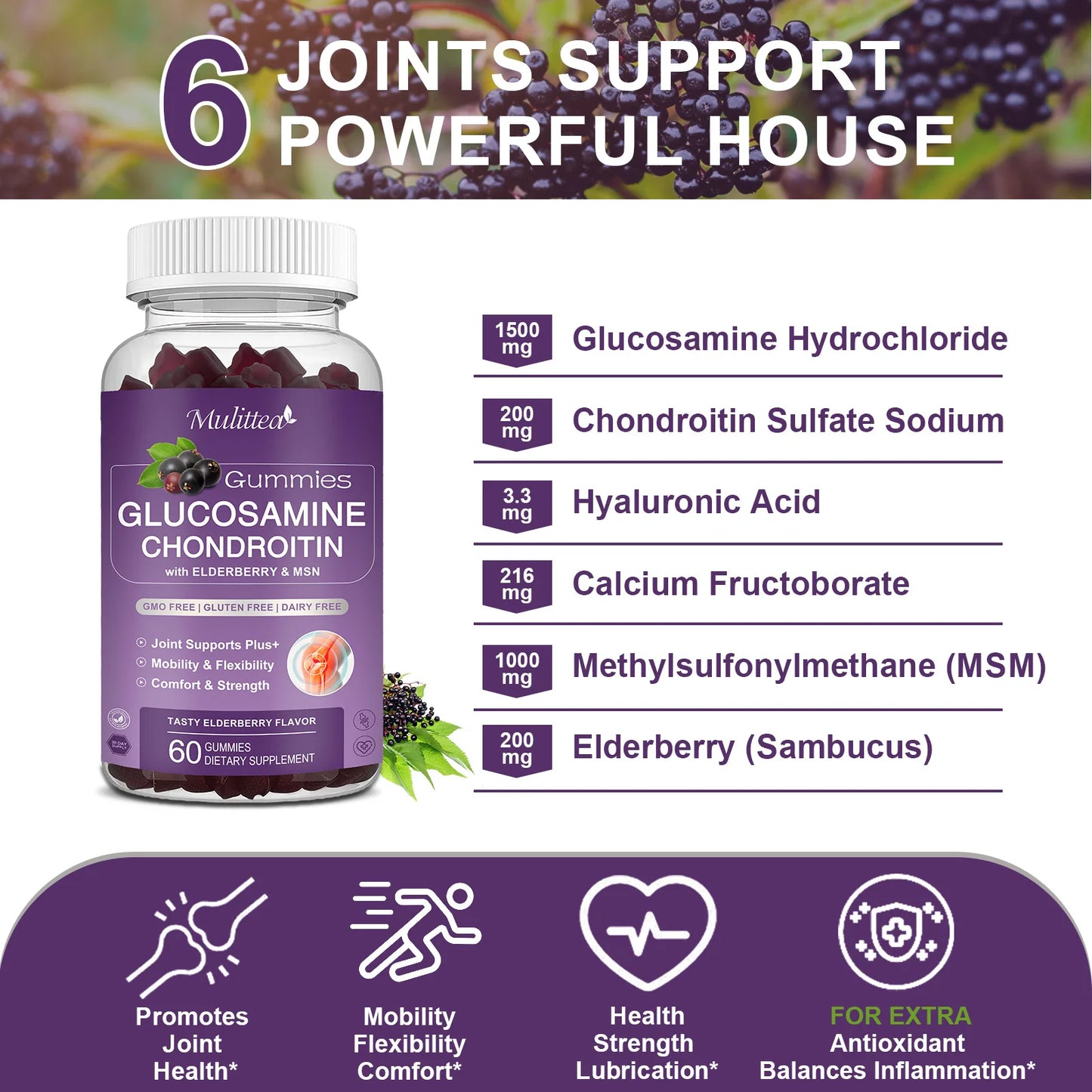 Mulittea Glucosamine & Chondroitin Gummies – Joint Support for Adults Dietary Supplement Peaceful Pleasures Health and Wellness