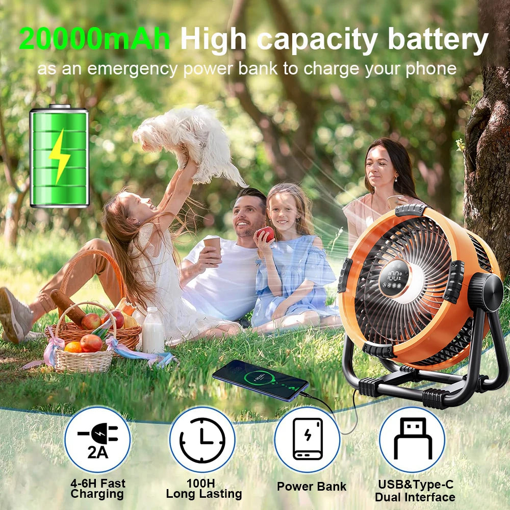 20000mAh Outdoor Camping Fan Wireless Tent Ceiling Fan 4 Speed Adjustment Air Circulation Desk Fan with LED Light Remote Control Peaceful Pleasures Health and Wellness