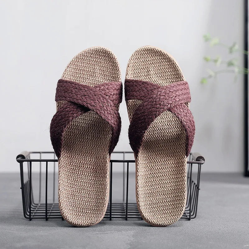 Men's Linen Cross Strap Slippers | Indoor & Beach Slides