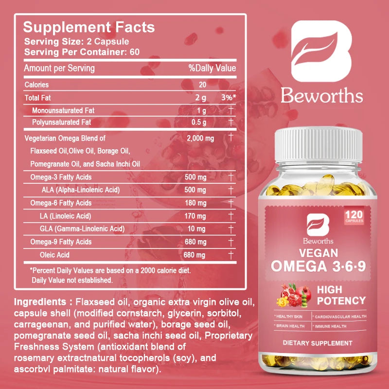 Omega 3-6-9 Capsules – Fatty Acids for Brain, Skin, Heart & Immune Health | 120 Count Peaceful Pleasures Health and Wellness