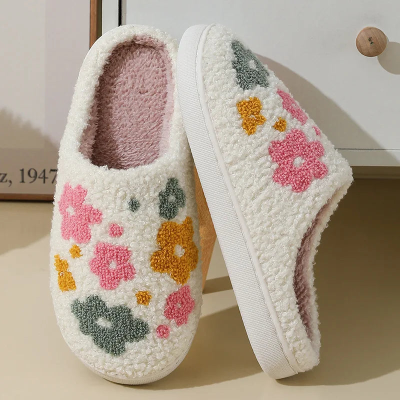 Women's Fluffy Plush Flower Slippers – Soft Non-Slip Indoor Slides