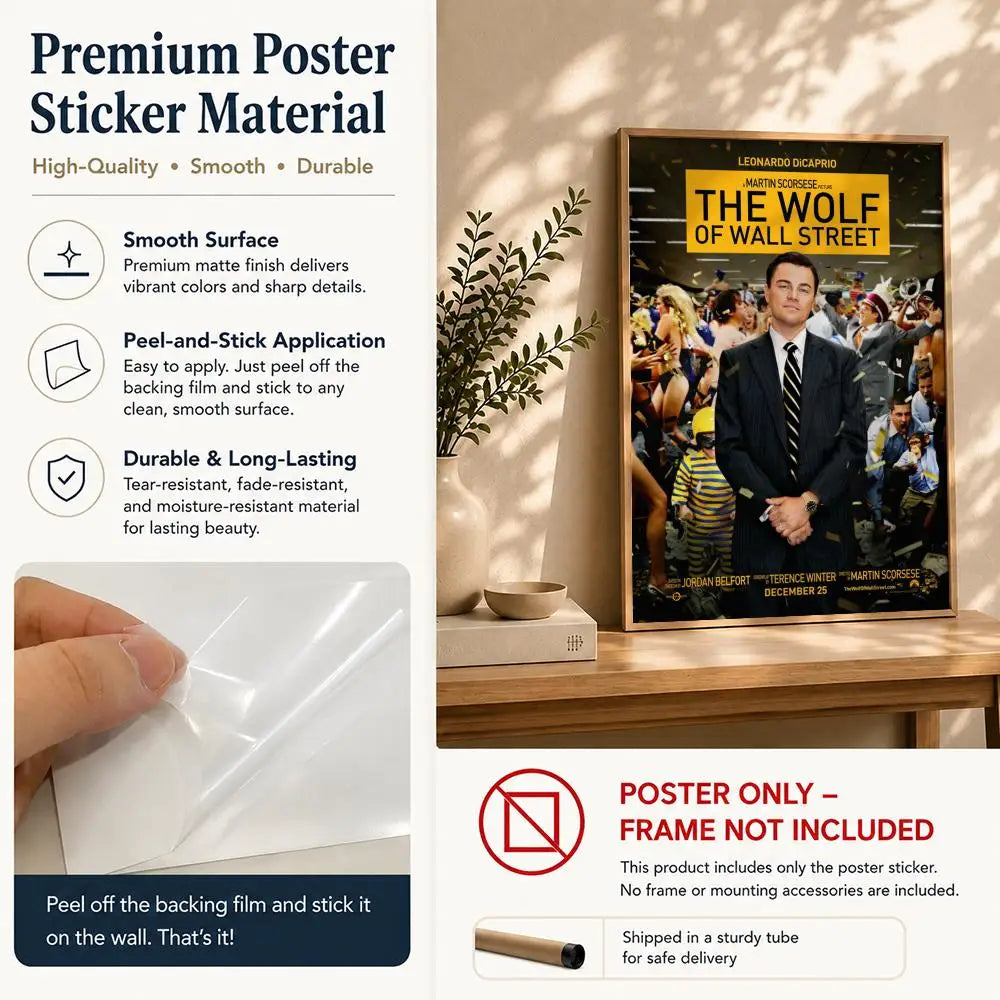 Movie T-The Wolf of Wall StreetS Poster HD Self Adhesive Waterproof Wall Art Ideal for Home Office Dorm Bedroom Great Gift Peaceful Pleasures Health and Wellness