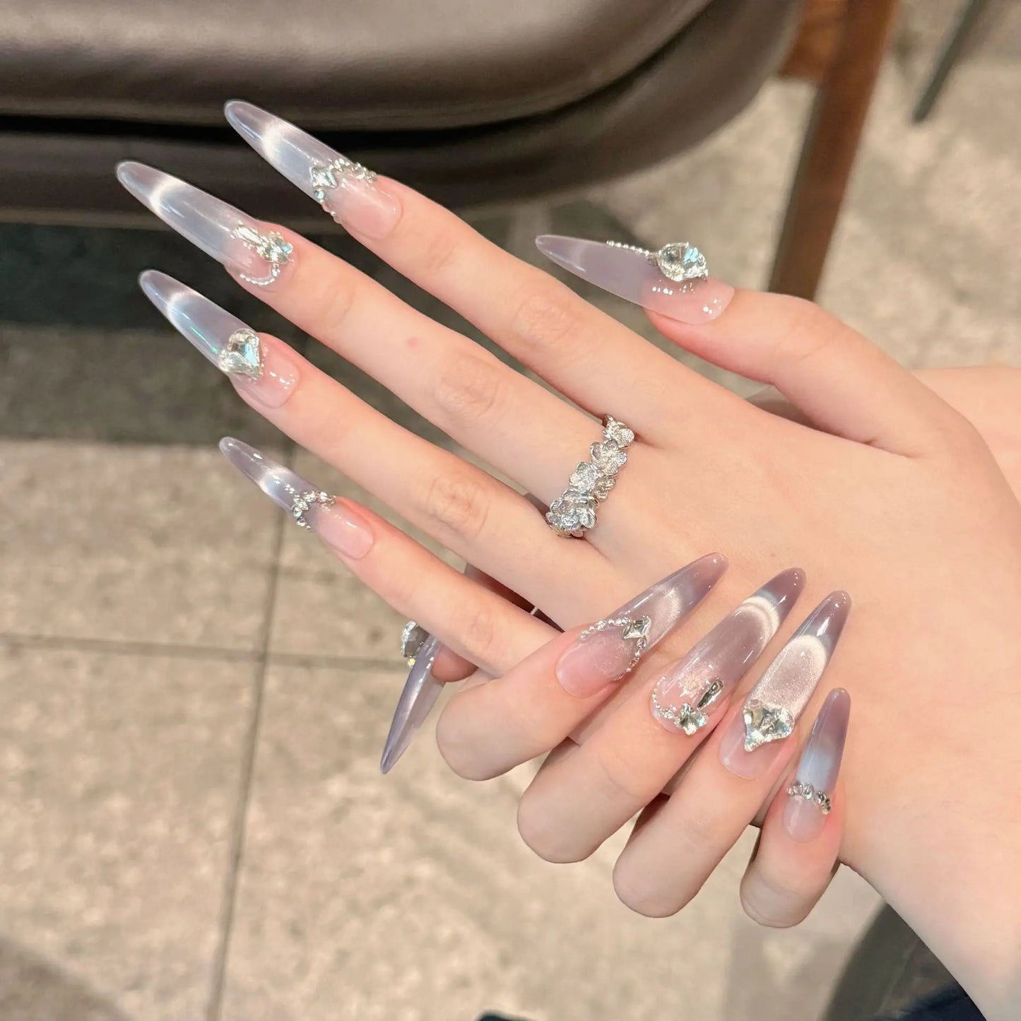 Handmade Press on Nails Glitter Rhinestone Purple Cat Eye Fake Nails Full Cover Wearable European Long Oval Head False Nails Peaceful Pleasures Health and Wellness
