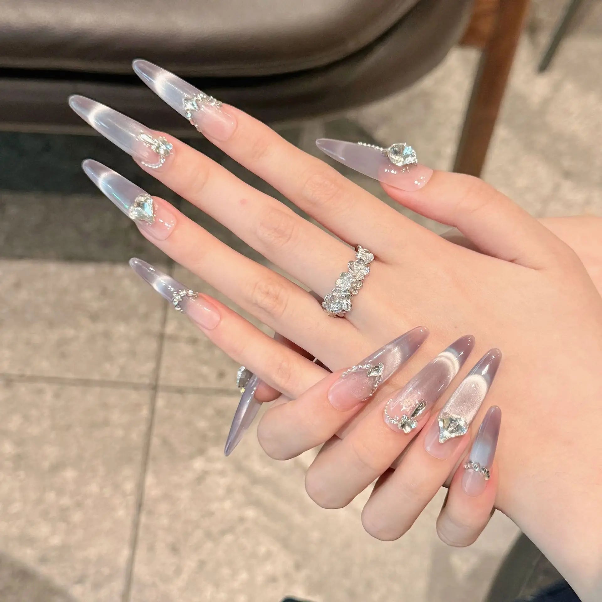 Handmade Press on Nails Glitter Rhinestone Purple Cat Eye Fake Nails Full Cover Wearable European Long Oval Head False Nails Peaceful Pleasures Health and Wellness