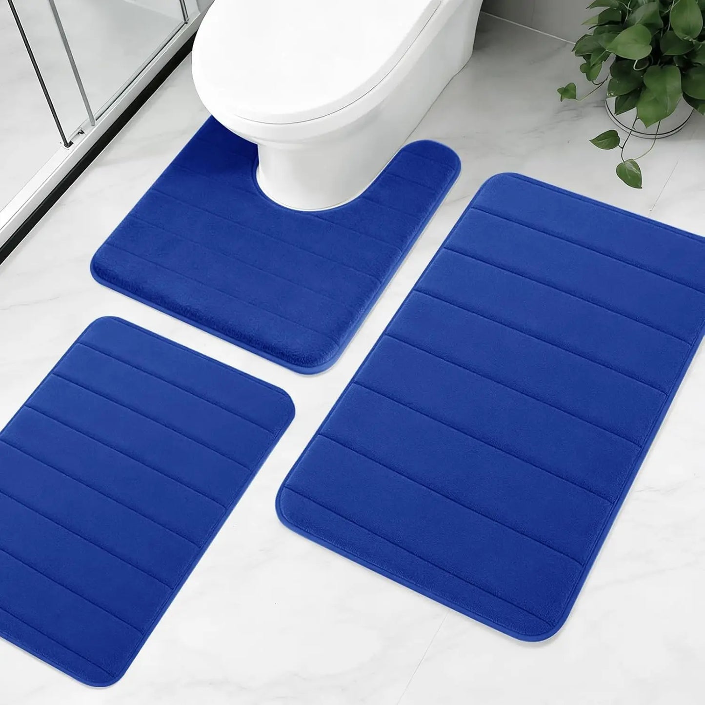 3Piece Non-Slip Bath Mat Set Memory Foam Bathroom Rugs Water Absorbent Shower Mat Machine Washable Toilet Mat for Bathroom Floor Peaceful Pleasures Health and Wellness Navy