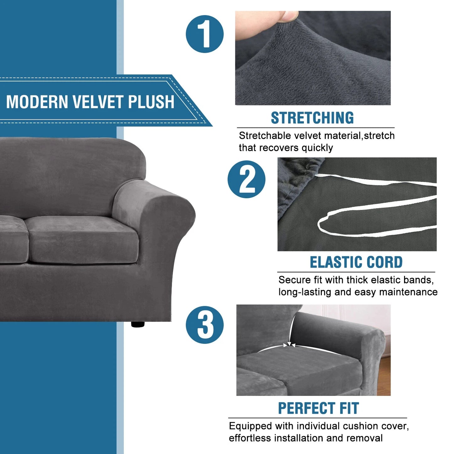 Stretch Velvet Plush Slipcover with 1/2/3/4 Seat Separate Cushion Cover Couch Velvet Sofa Covers Separate Fit Seat Cushion Cover Peaceful Pleasures Health and Wellness