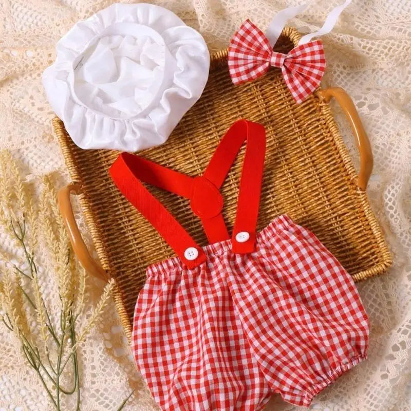 Newborn Photography Outfit 3-Piece Set – Checkered Overall & Hat