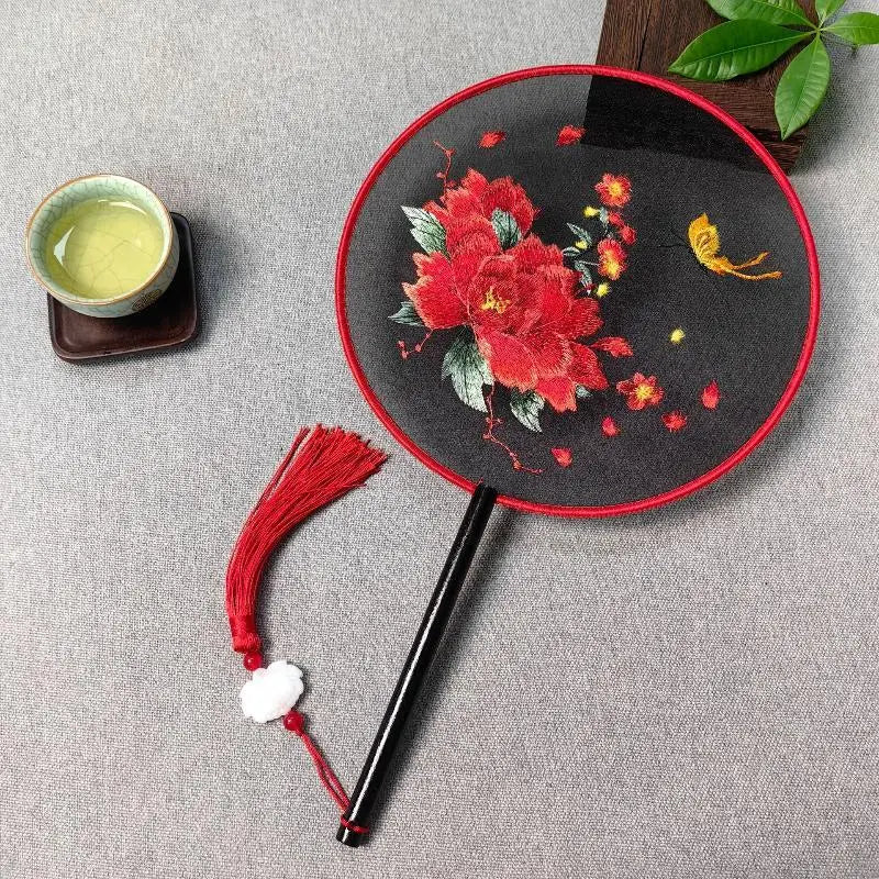 Su Embroidery Silk Round Hand Fan – Wooden Handle & Tassel