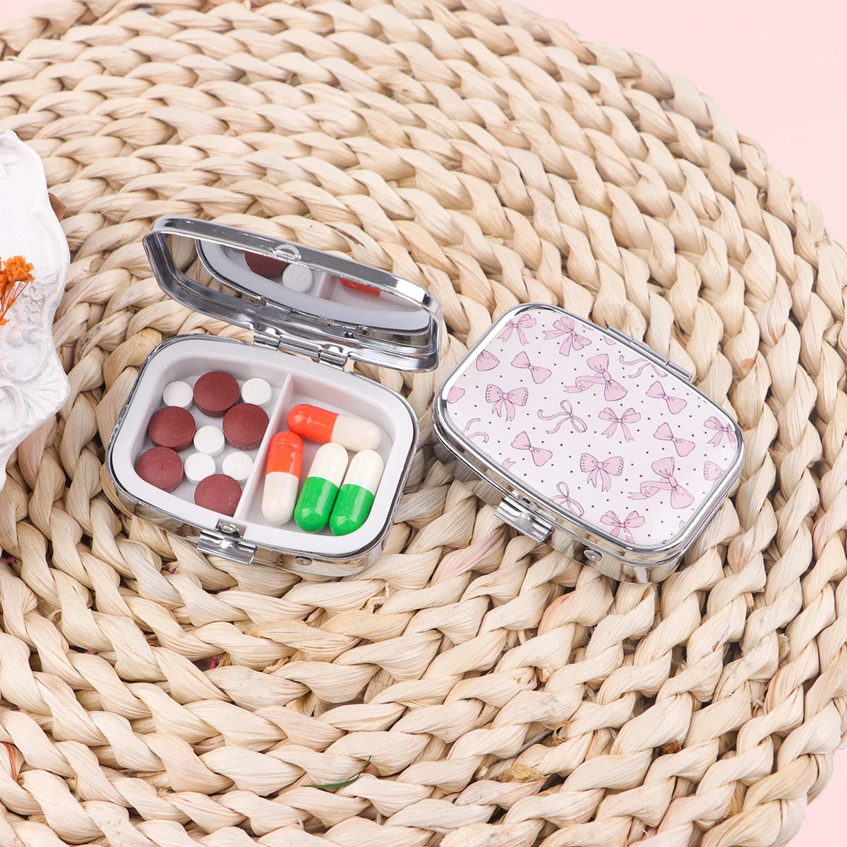 Pink Bow Mini Pill Box Travel Pill Box 2 Compartment Pocket Pill Container Daily Portable Medicine Storage Box Peaceful Pleasures Health and Wellness
