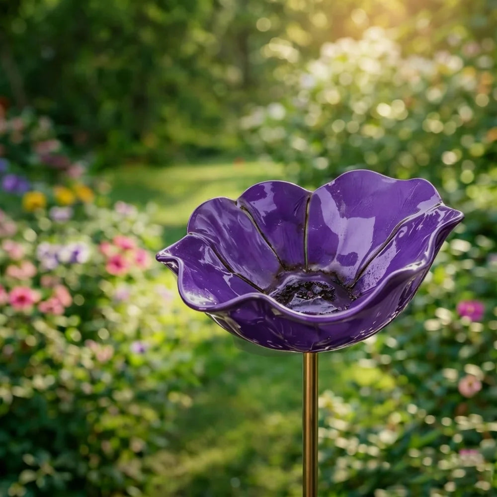 Handcrafted Metal Flower Garden Stake & Bird Bath | UV Resistant