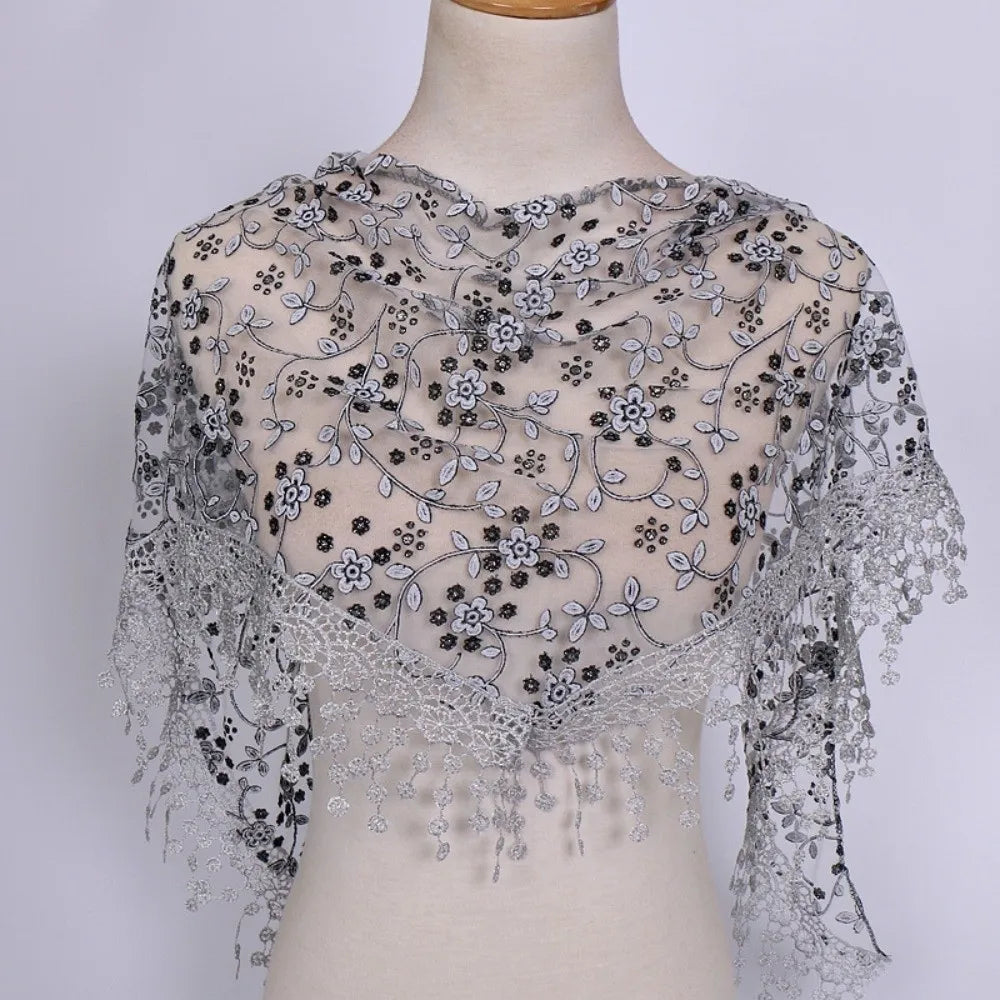 Women's Triangle Lace Veil Headscarf – Floral Sequined Scarf
