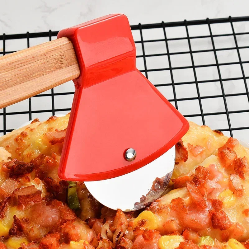 Stainless steel Pizza Cutter Kitchen Restaurant pizza axel tool Axe Pizza Cutter with Bamboo Handle and Sharp Rotating Blade Peaceful Pleasures Health and Wellness