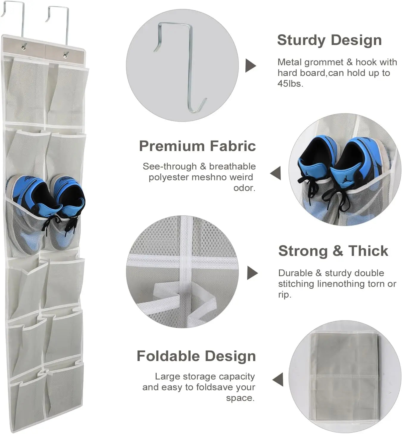 12-Pocket Over Door Shoe Organizer – Gray, Space-Saving Storage Peaceful Pleasures Health and Wellness