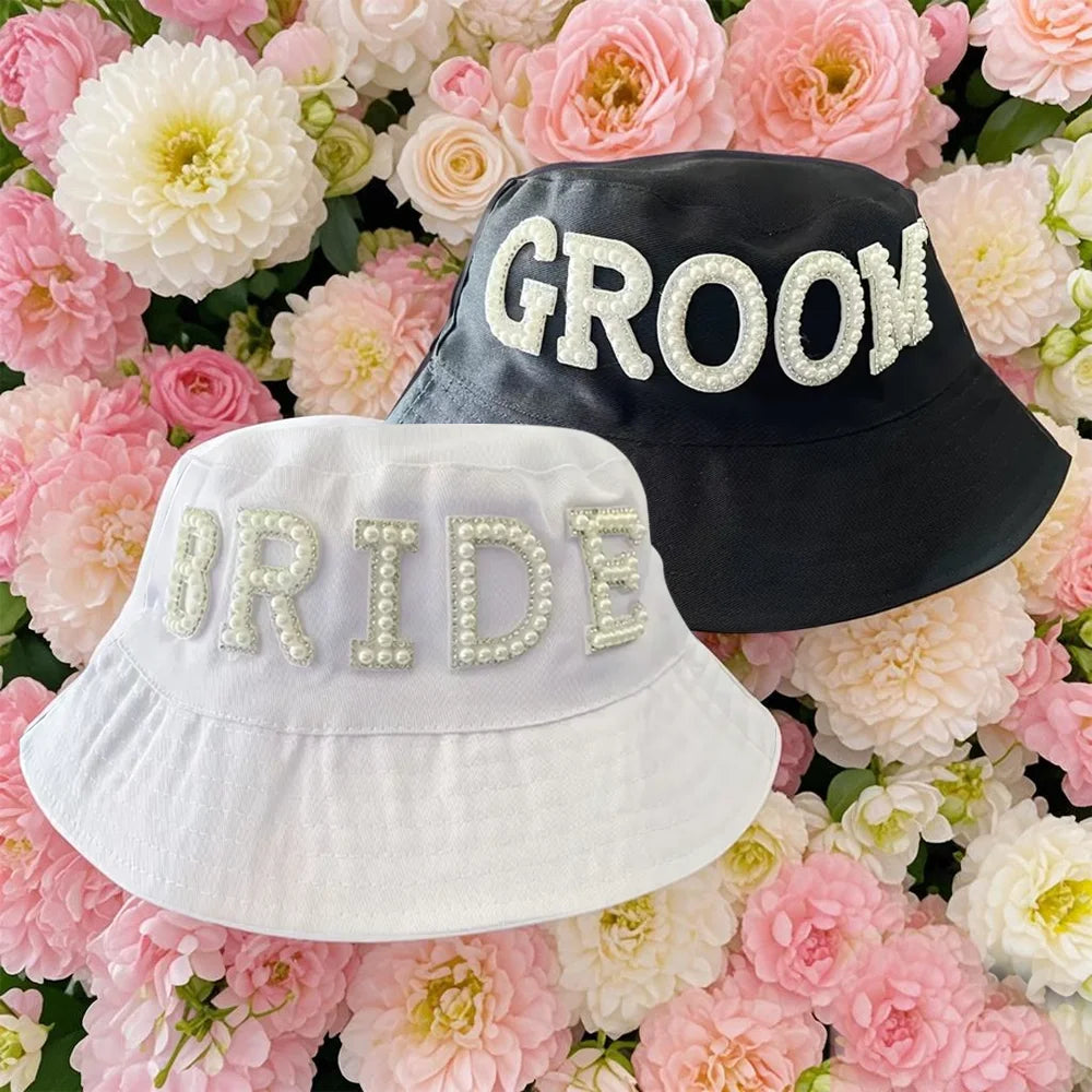 Bride & Groom Pearl Letter Fisherman Hat | Wedding Beach Cap