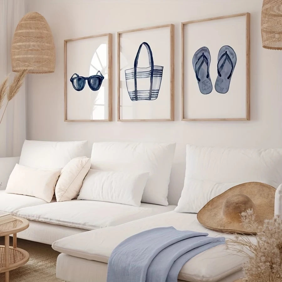 3pcsModern Blue Summer Glasses, Beach Bags, Flip-Flop Wall Art Print Canvas Painting Poster Picture For Living Room Home Decor Peaceful Pleasures Health and Wellness