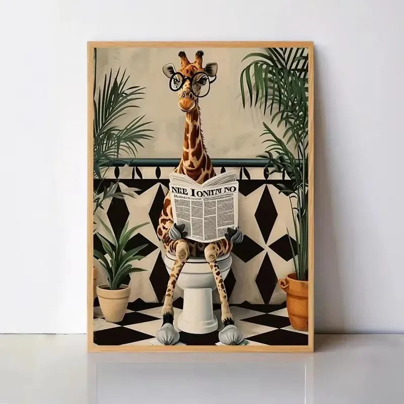 Funny Animal Bathroom Canvas Wall Art | Zebra Giraffe Tiger