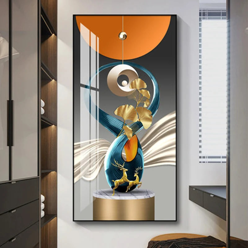 Modern Golden Deer Abstract 3d Geometry Luxury Wall Art Canvas Painting Nordic Leaf Poster Print Pictures for Living Room Decor Peaceful Pleasures Health and Wellness QP10697-G 70x140cm No Frame