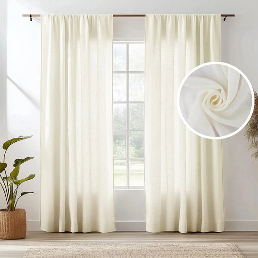 2 Panels Linen Sheer Curtains for Bedroom Beige Curtains 114/160/183/216/240/274CM Length Natural Flax Blend Window Draperies Peaceful Pleasures Health and Wellness