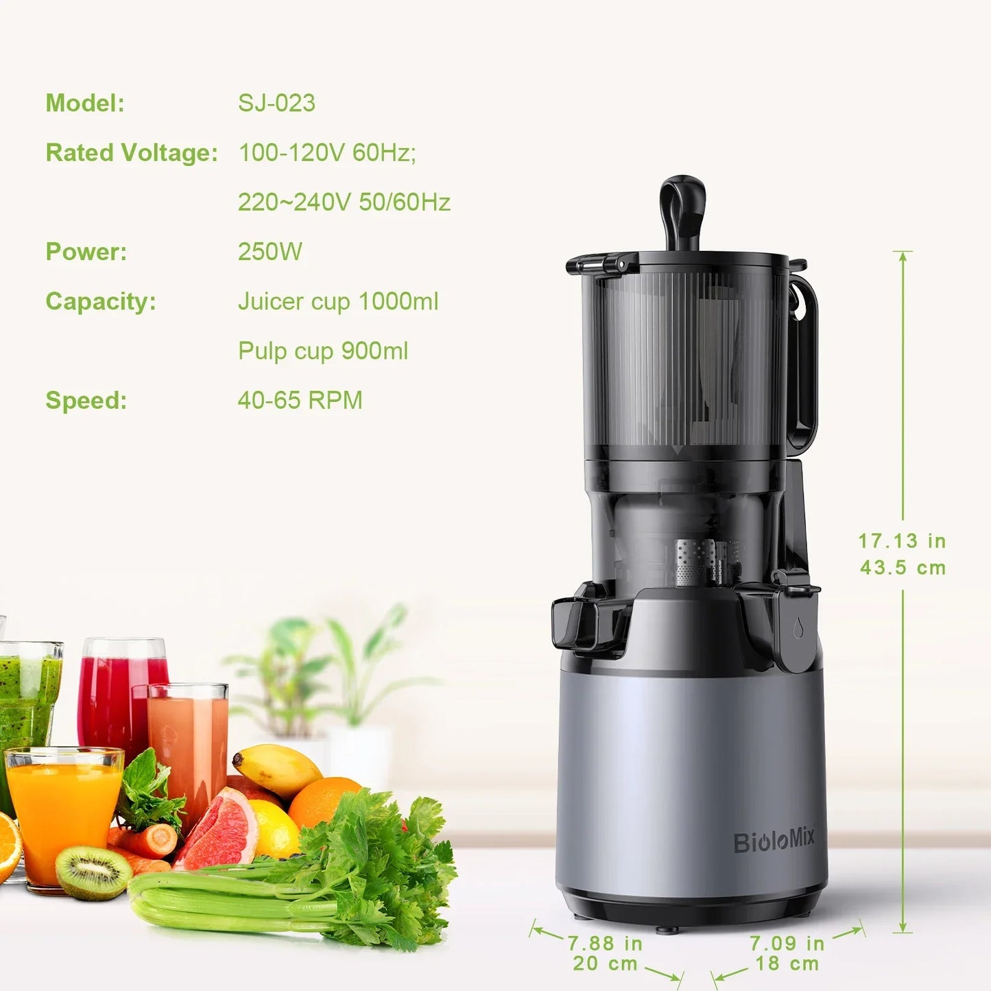BioloMix Cold Press Juicer – 130mm Feed Chute, High Yield, BPA-Free Juicer BioloMix