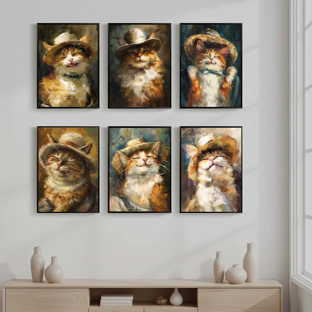 Animals Wall Art Cute Smiling Cat Oil Vintage Canvas Painting Nordic Style Poster Prints Bedroom Living Room Wall Decor Peaceful Pleasures Health and Wellness