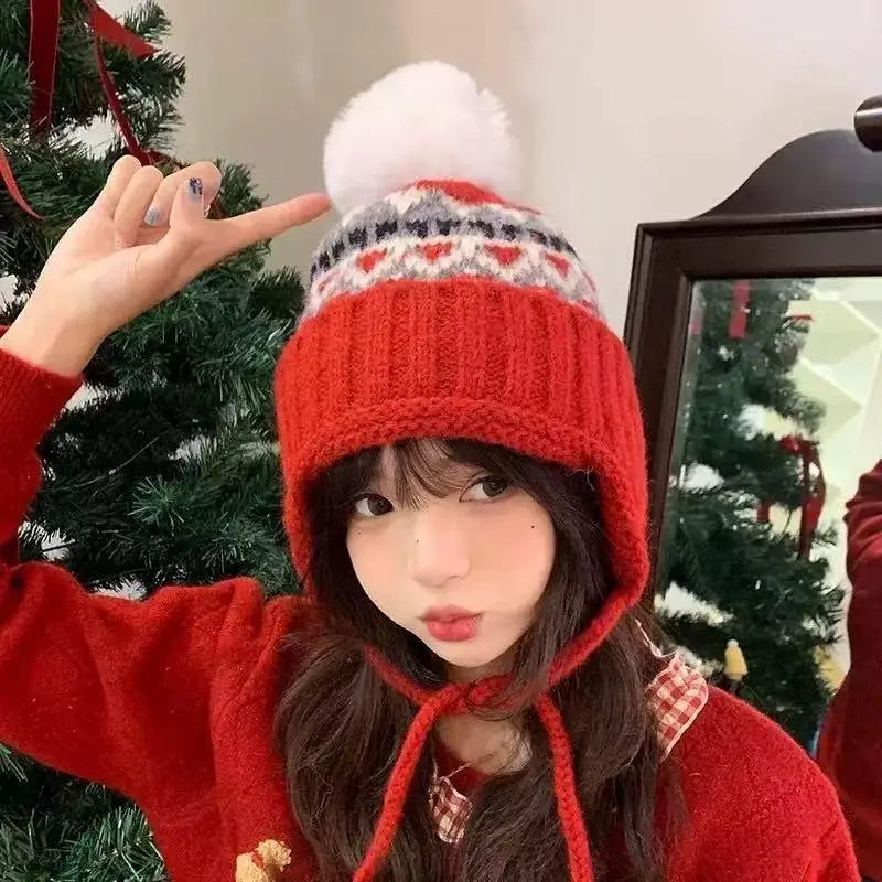 Fair Isle Jacquard Knit Beanie with Pom-Pom & Ear Flaps