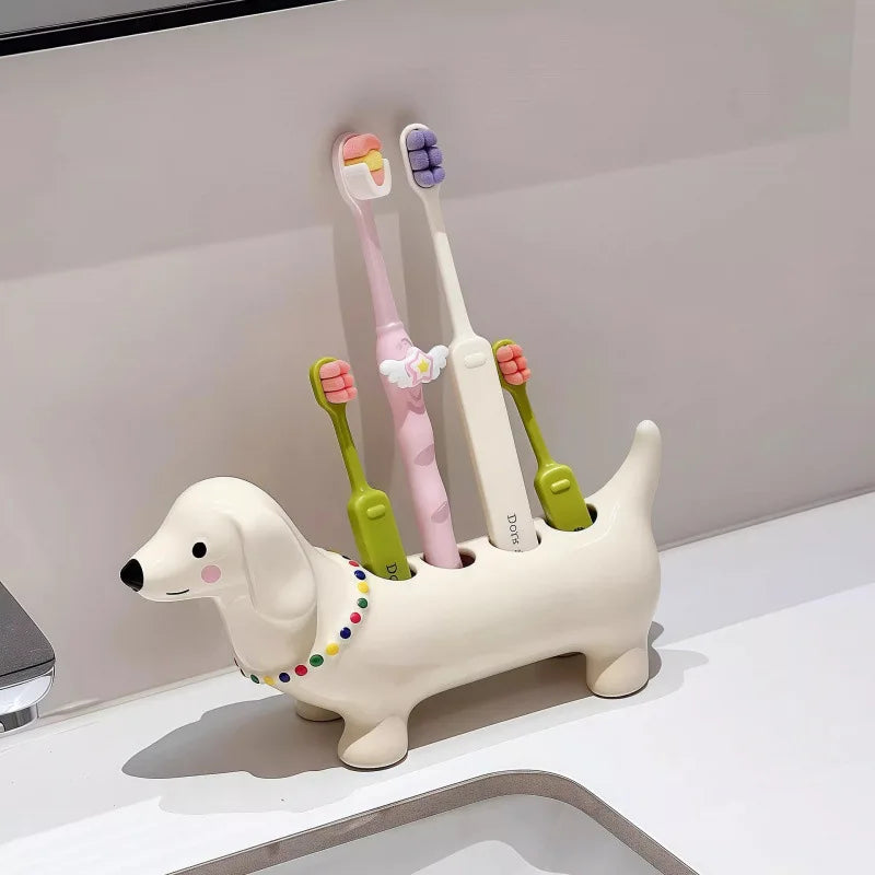 Dachshund Ceramic Toothbrush Holder – 4-Slot Bathroom Organizer