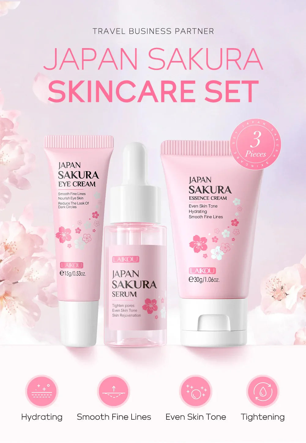 LAIKOU Sakura 3-Piece Hydrating Skin Care Set – Serum, Eye Cream