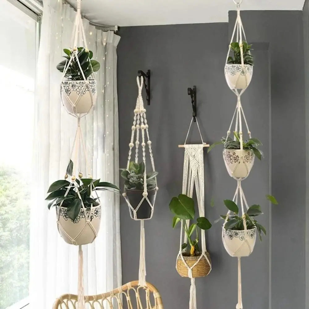 Boho Macrame Cotton Rope Plant Hanger – Handmade Tassel Basket